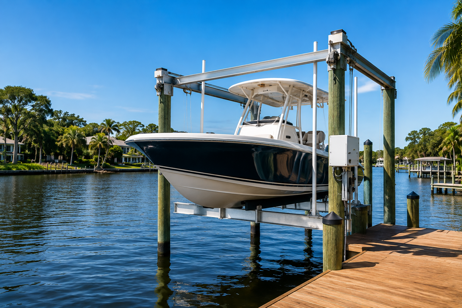 Professional boat lift installation for a waterfront home in Northeast Florida