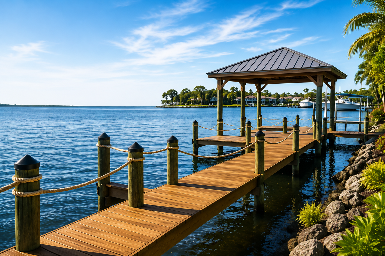 Wooden residential dock and covered boat dock built by a professional marine construction company in Northeast Florida