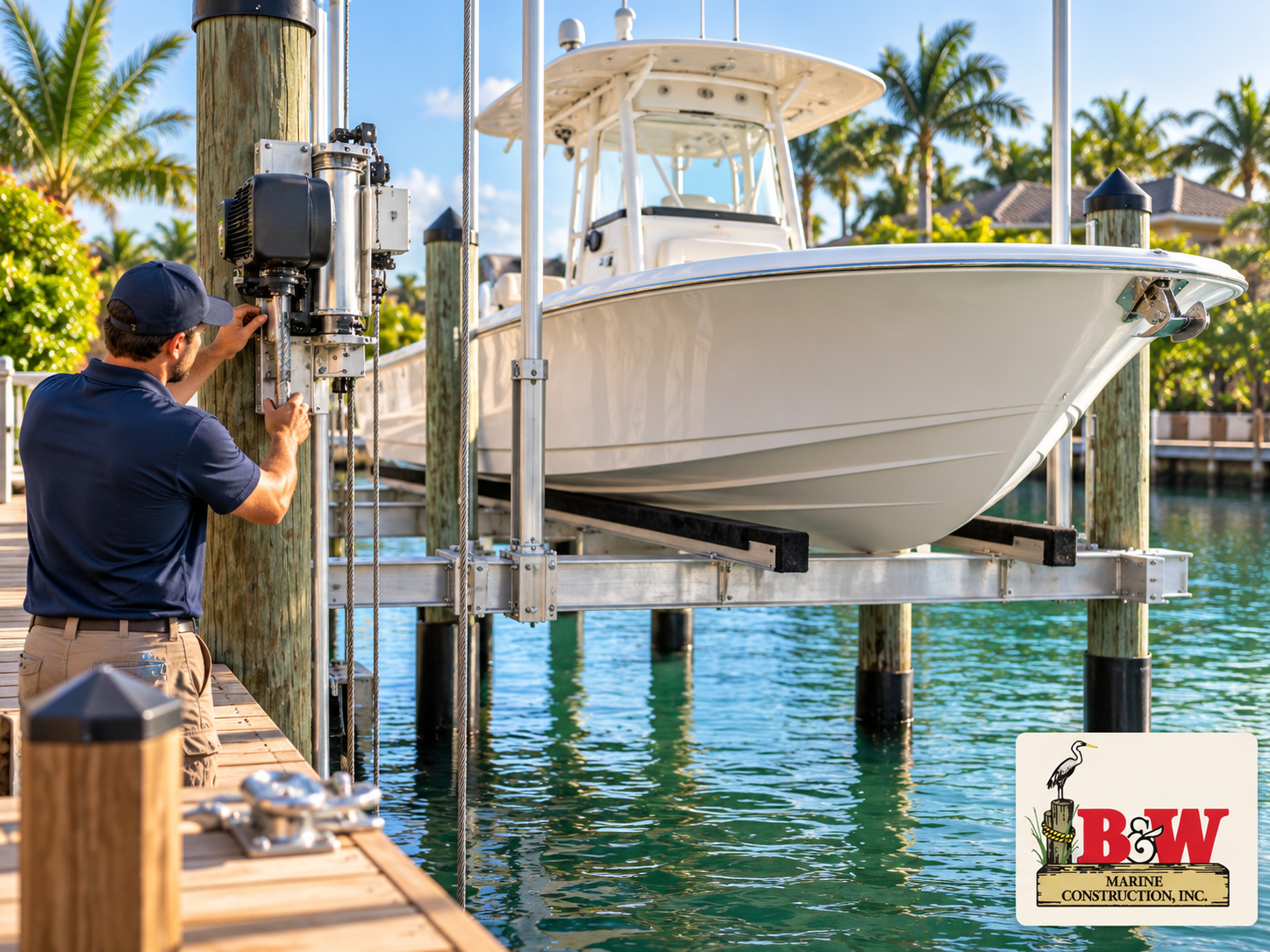 Technician inspecting a boat lift motor beside a white boat on a waterfront dock