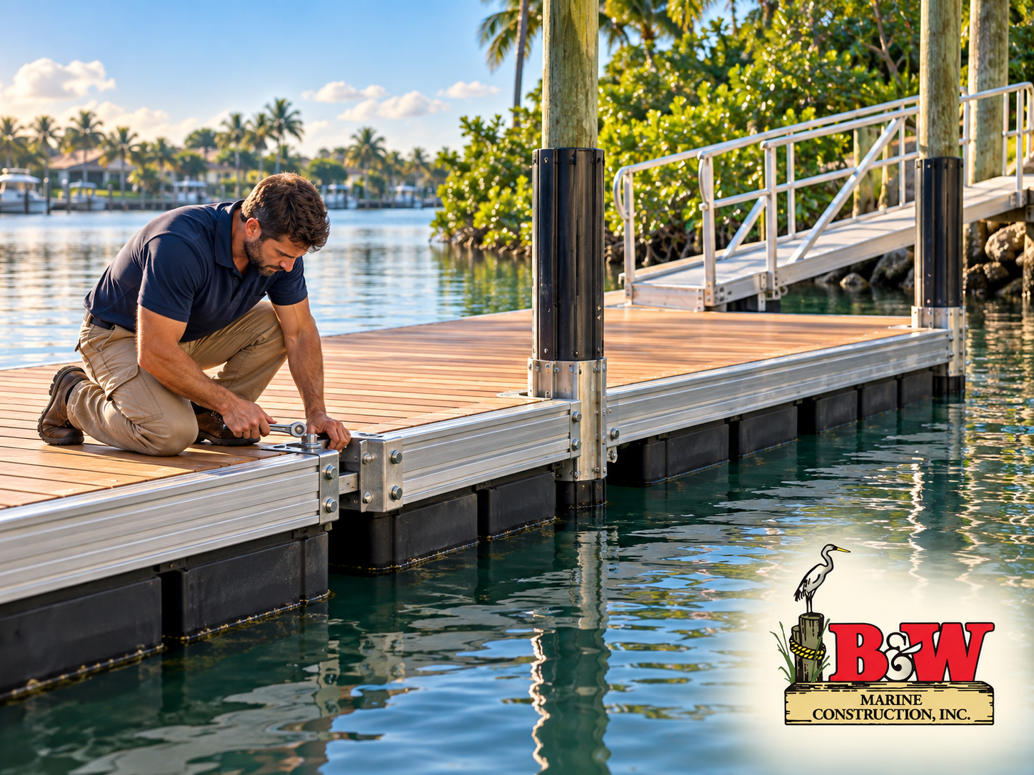 Technician inspecting connection hardware on a wooden floating dock with aluminum framing and black flotation modules.