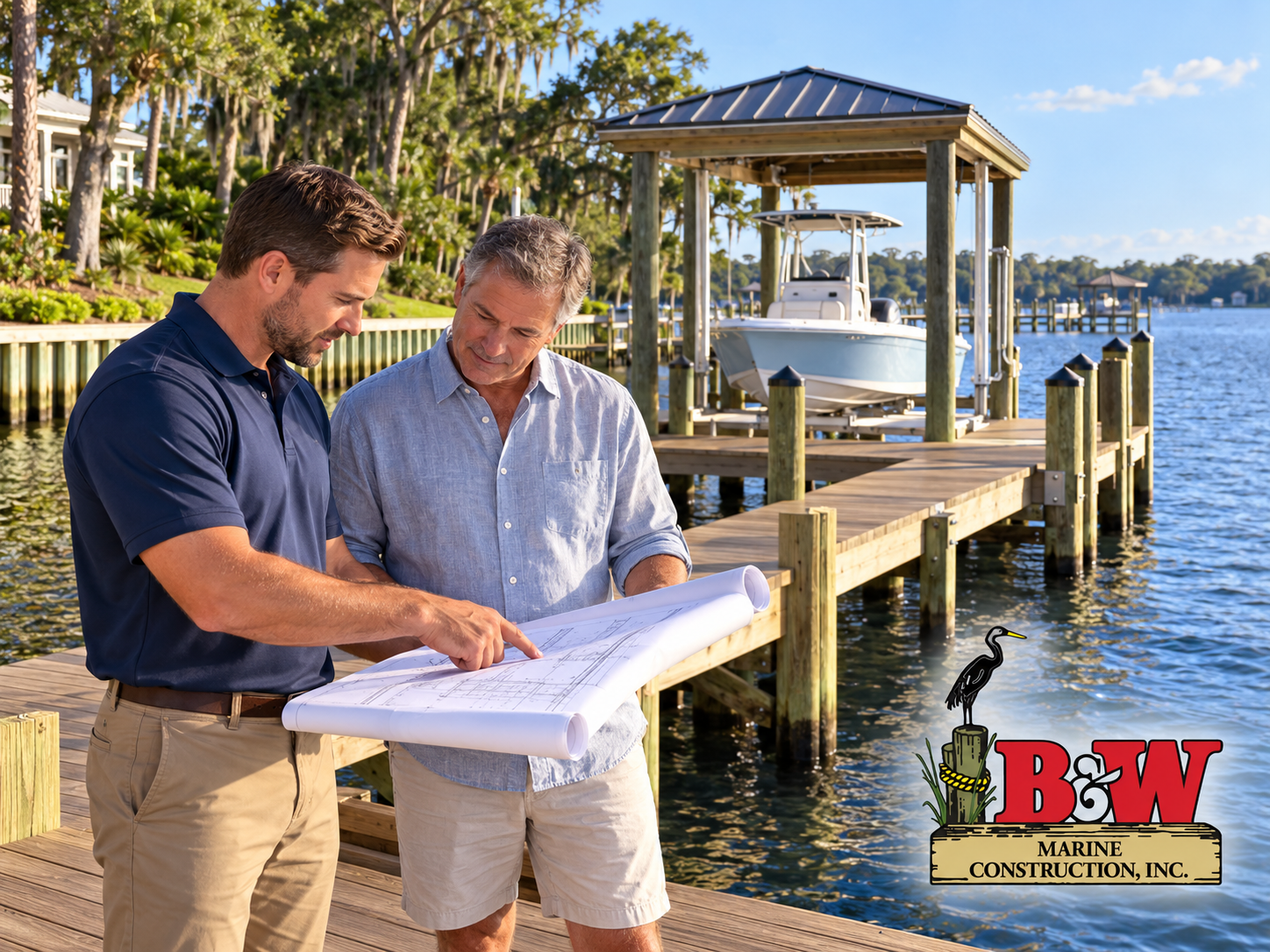 Marine contractor and homeowner reviewing dock plans beside a boat lift, with the B&W Marine Construction logo.