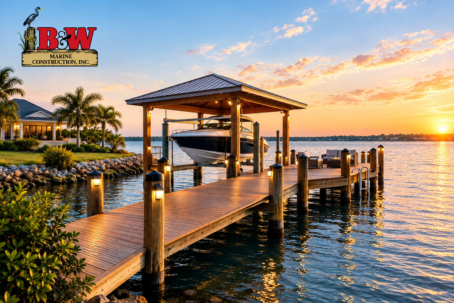 Professional dock builders constructing a durable waterfront property dock with boat lift
