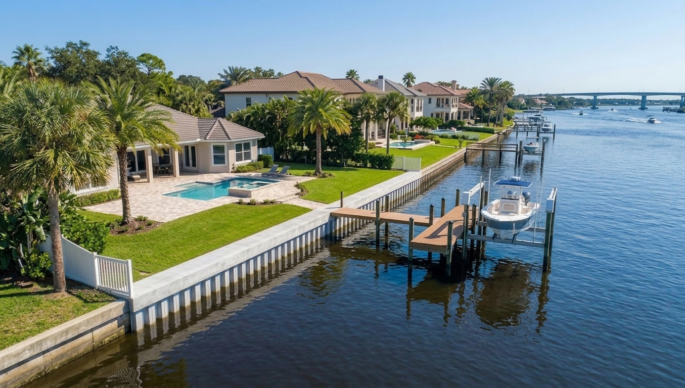 Residential seawall contractor installing a concrete seawall behind a Jacksonville, FL home