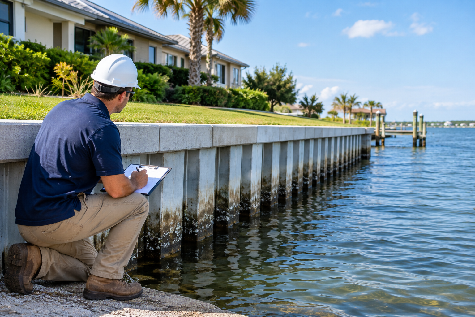Seawall contractor inspecting a waterfront seawall near a residential property
