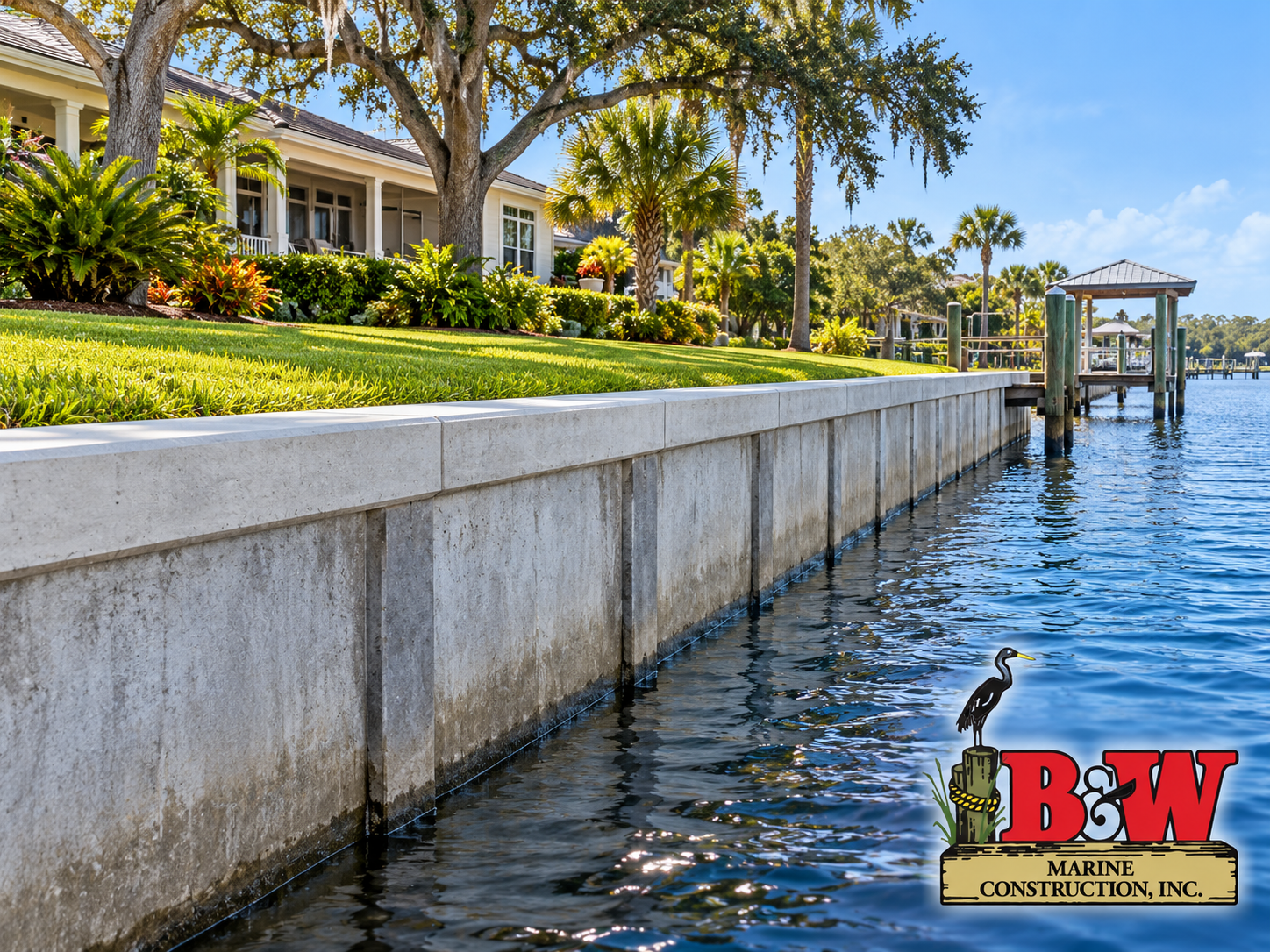 Seawall protecting a waterfront property from shoreline erosion.