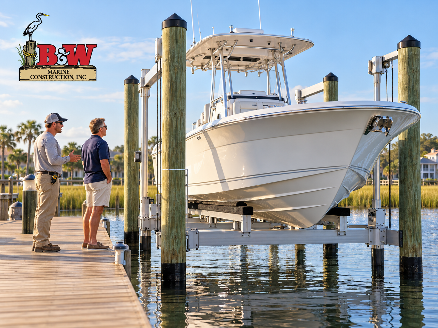 Contractor and homeowner beside a boat raised on a dock lift, with the B&W Marine Construction logo.