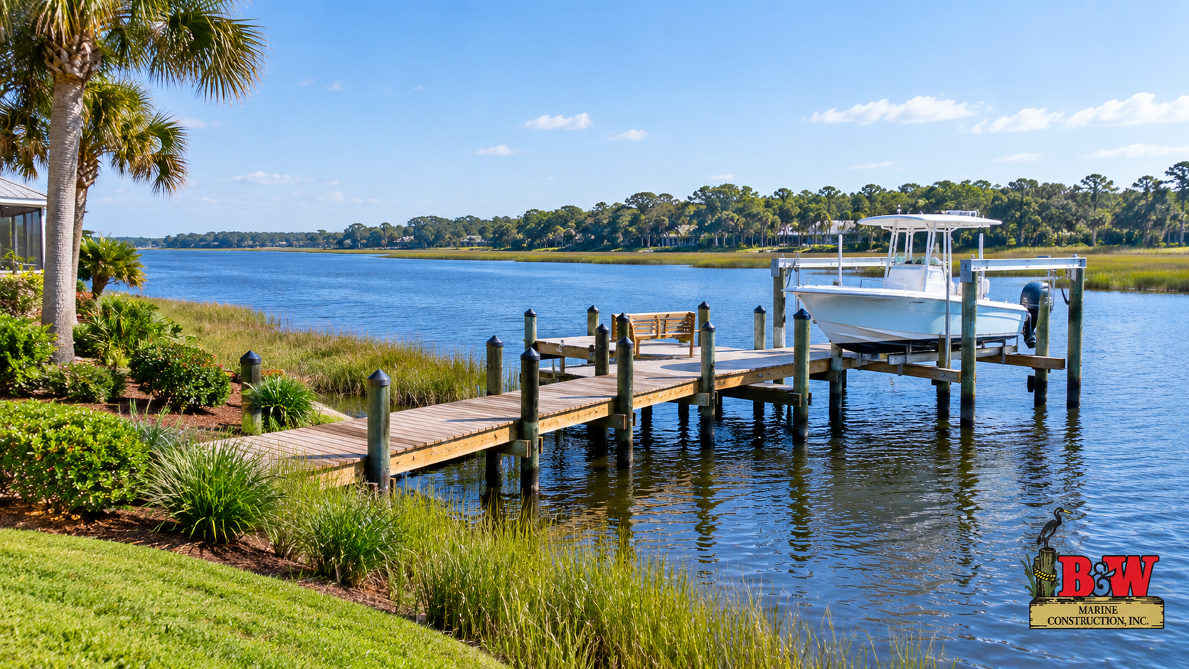 Waterfront dock with a boat lift on a Jacksonville, Florida property, illustrating residential dock construction and permitting. Waterfront dock with a boat lift on a Jacksonville, Florida property, illustrating residential dock construction and permitting.