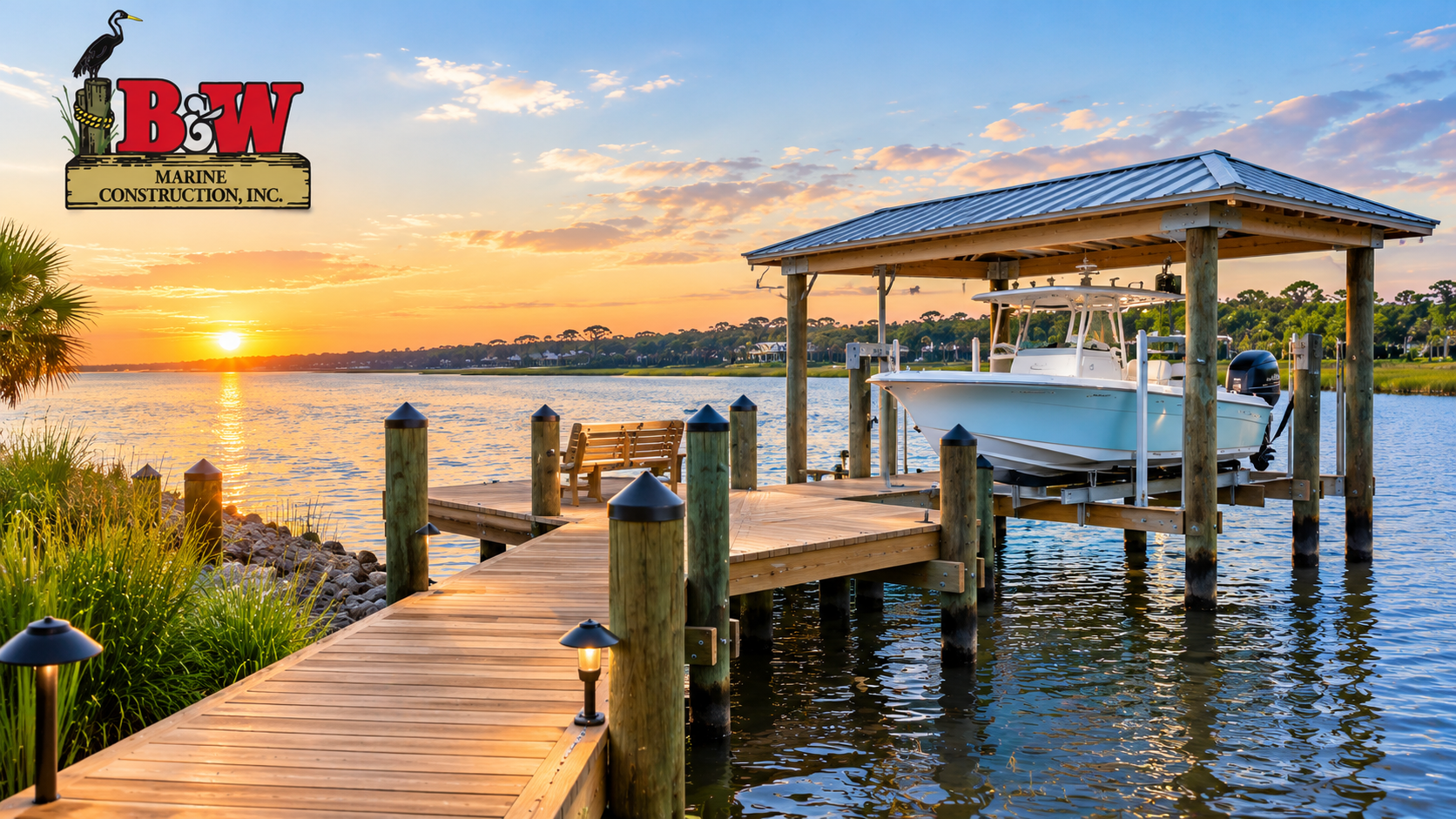 Wooden waterfront dock with a covered boat lift and motorboat at sunset, illustrating professional dock construction in Jacksonville, Florida.