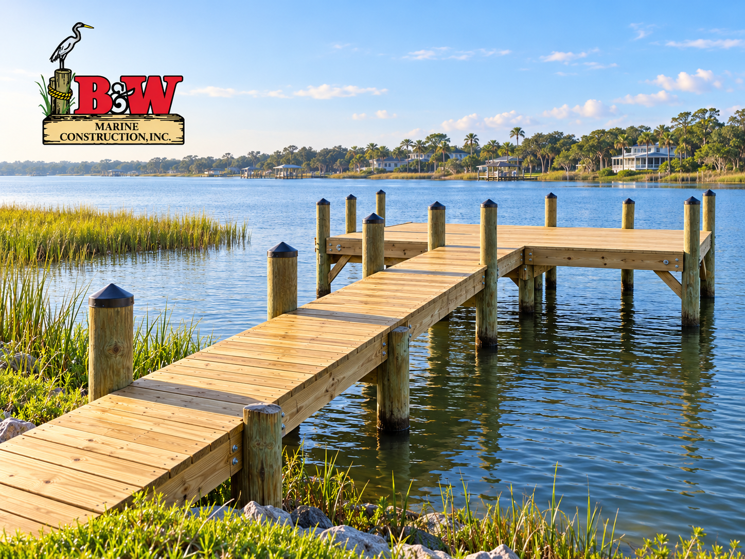 Wood dock with timber pilings extending over calm water, featuring the B&W Marine Construction logo.